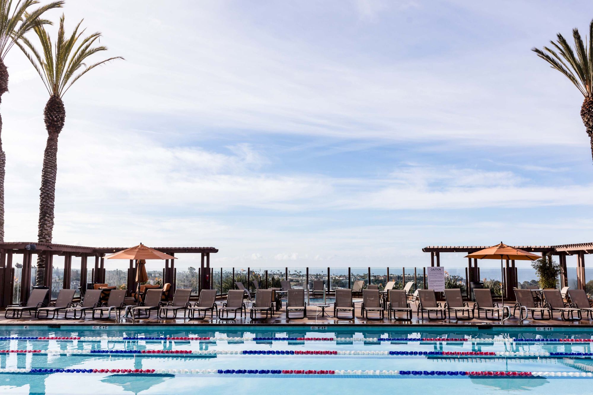 A sunny resort pool area with lounge chairs, umbrellas, palms, and a clear blue sky over the water, perfect for a relaxing day at the pool.