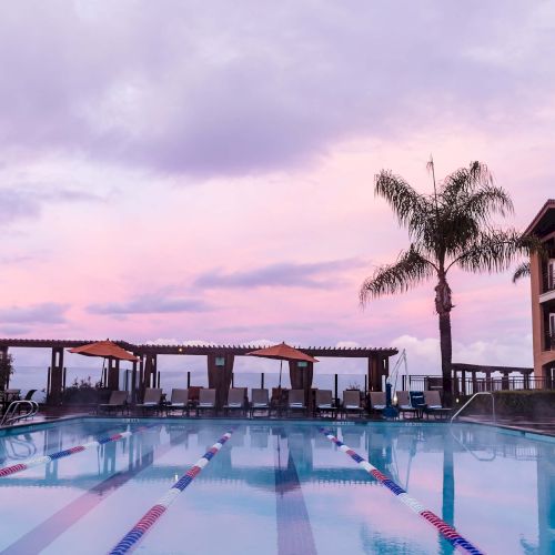 A tropical sunset over a wooden pier with palm trees, calm water, and a warm, pink-orange sky ending in a gentle horizon.