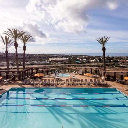 A sunny resort pool area with multiple lanes, lounge chairs, palm trees, and a distant view of a town and sea horizon.