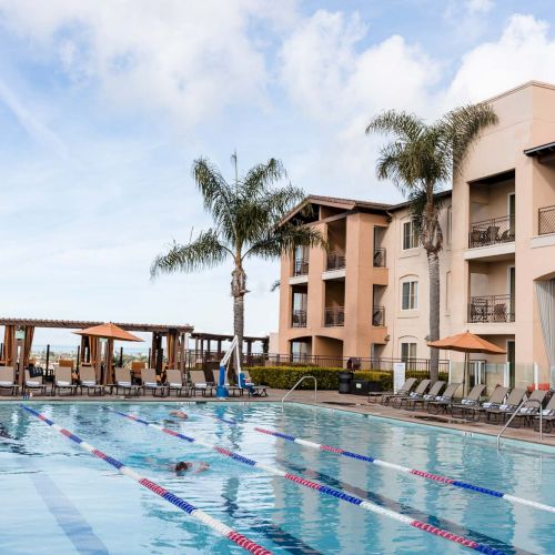 A hotel pool scene with palm trees and sun loungers, orange umbrellas, and a pastel building in the background.