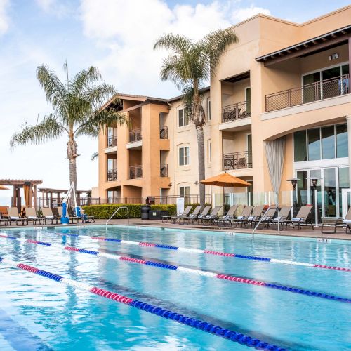 A resort-style apartment building surrounds a sunny pool with lounge chairs and palm trees, creating a tropical vacation vibe.